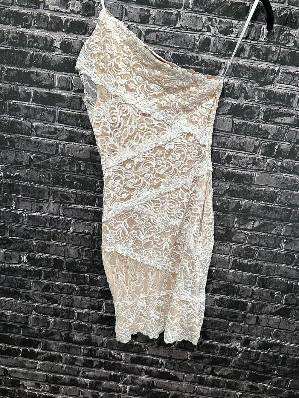 bebe One-Shoulder Nude Dress with White Lace Overlay